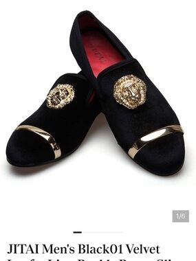 Tai Black Velvet Men's Slip-On Loafers with Gold Lion Medallion